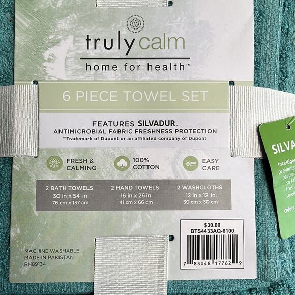 Truly Calm Towel Set Aqua Blue 6 Piece, Bath, Hand & Washcloths 100% Cotton - Picture 2 of 5